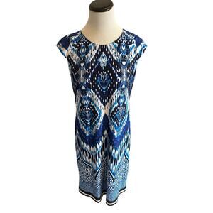 Cato Blue Ikat Print Cap Sleeve Shift Dress Size S